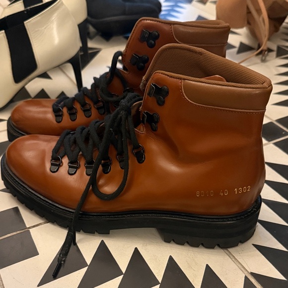 Common Projects Shoes - Common Projects Women's Brown Leather Combat Boots with Black Lugs